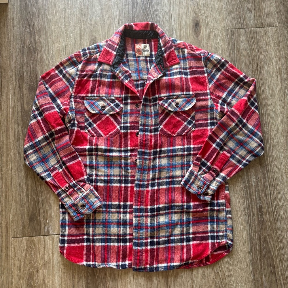 Red and beige plaid flannel